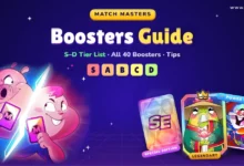 Match Masters Boosters Guide cover with an S to D tier list, two Booster Clash characters, and Special Edition, Legendary and Power Up booster cards