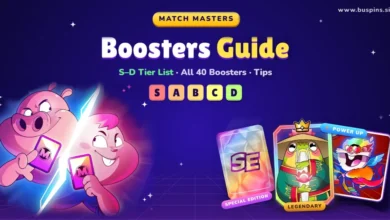 Match Masters Boosters Guide cover with an S to D tier list, two Booster Clash characters, and Special Edition, Legendary and Power Up booster cards