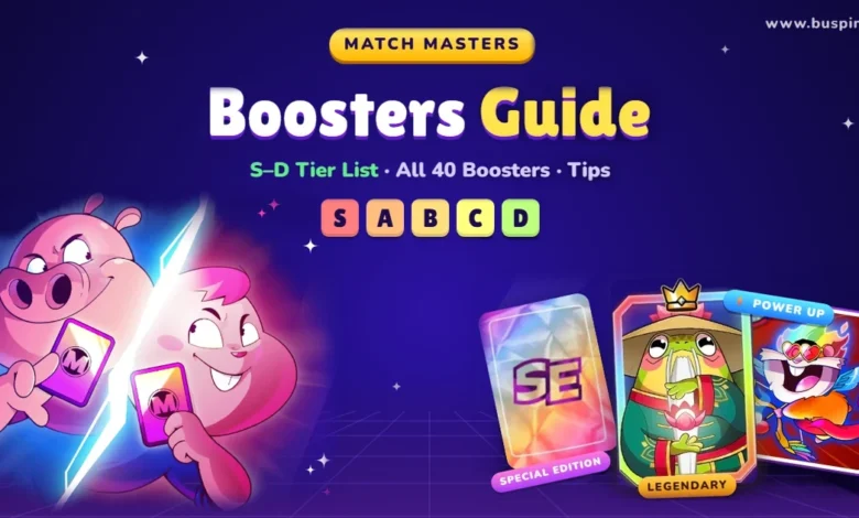 Match Masters Boosters Guide: Full List, Tier List & Tips 1 Match Masters Boosters Guide cover with an S to D tier list, two Booster Clash characters, and Special Edition, Legendary and Power Up booster cards