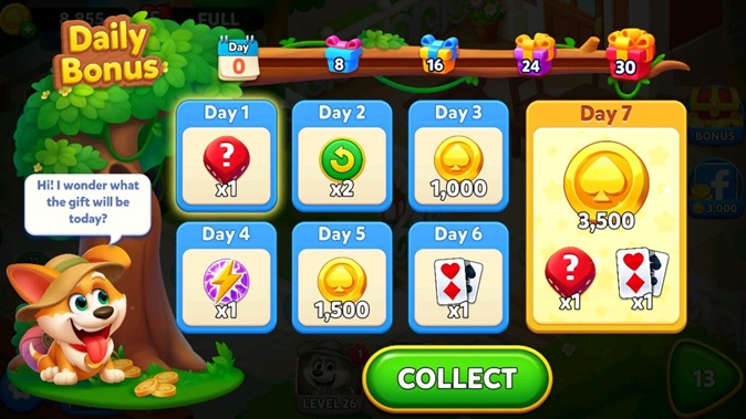 Solitaire TriPeaks Journey Free Coins: Today's Gift & Free Rewards 5 Solitaire TriPeaks Journey 7-day daily bonus calendar and 30-day milestone chests