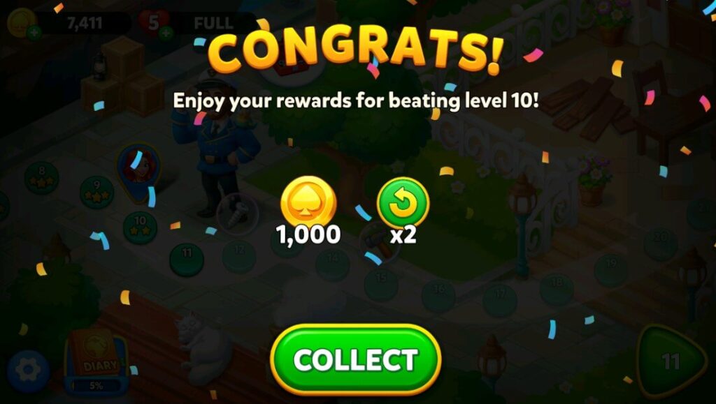 Solitaire TriPeaks Journey Free Coins: Today's Gift & Free Rewards 6 Solitaire TriPeaks Journey Level 10 reward 1000 coins and 2 undo boosters