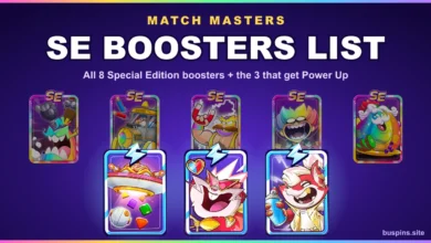 Match Masters SE boosters list: all 8 SE booster cards with powered-up UFO SE, Vinnie Valentine SE, and Foxy Roxy SE