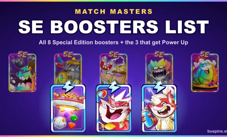 Match Masters SE boosters list: all 8 SE booster cards with powered-up UFO SE, Vinnie Valentine SE, and Foxy Roxy SE