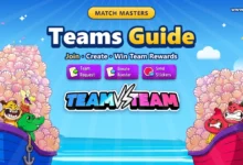 Match Masters Teams Guide cover with the blue and red Team vs Team boats full of shells, the TEAM VS TEAM logo, and the Team Request, Donate Booster and Send Stickers buttons