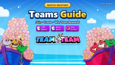 Match Masters Teams Guide cover with the blue and red Team vs Team boats full of shells, the TEAM VS TEAM logo, and the Team Request, Donate Booster and Send Stickers buttons