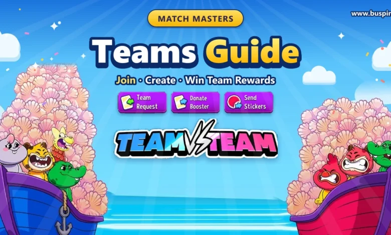 Match Masters Teams Guide cover with the blue and red Team vs Team boats full of shells, the TEAM VS TEAM logo, and the Team Request, Donate Booster and Send Stickers buttons
