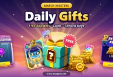 Match Masters Daily Gifts cover with a Lucky Box in front of a rising sun, a booster card, coins, and the FB Messenger and Reward Key Gift claim screens