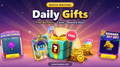 Match Masters Daily Gifts cover with a Lucky Box in front of a rising sun, a booster card, coins, and the FB Messenger and Reward Key Gift claim screens