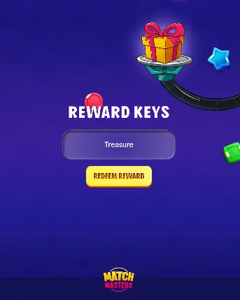 Match Masters Daily Gifts: Free Gifts, Free Boosters & Reward Keys 4 Match Masters Reward Keys redemption screen showing promo code input box and redeem reward button