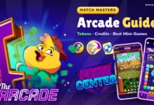 Match Masters Arcade guide cover with Prize Center rewards, Matchinko and Roll Runner