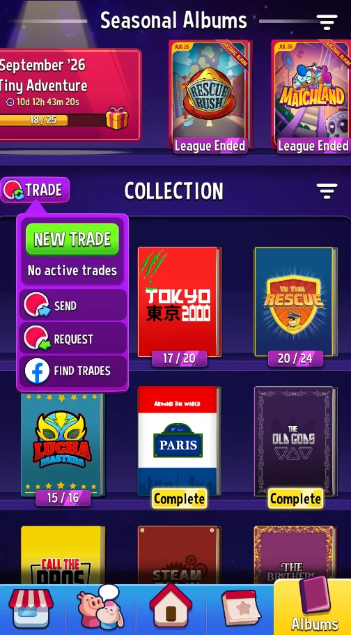 Match Masters Stickers: How to Get, Trade & Complete Albums 8 Match Masters COLLECTION screen with the TRADE menu open showing NEW TRADE, SEND, REQUEST and FIND TRADES, below the Seasonal Albums row