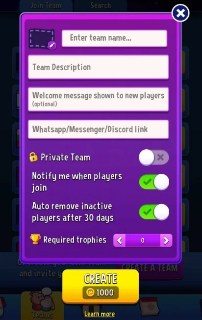Match Masters create team screen with team name, Team Description, welcome message, WhatsApp/Messenger/Discord link, Private Team, Notify me when players join, Auto remove inactive players after 30 days, Required trophies and the CREATE button for 1000 coins