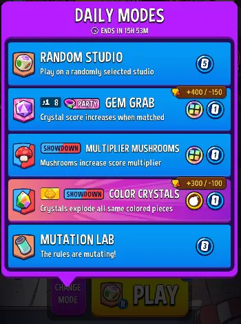 Match Masters Game Modes: 46 Daily Modes & Modifiers 2 Match Masters Daily Modes menu showing active rotation studios including Gem Grab Party, Multiplier Mushrooms Showdown, and the Change Mode button.