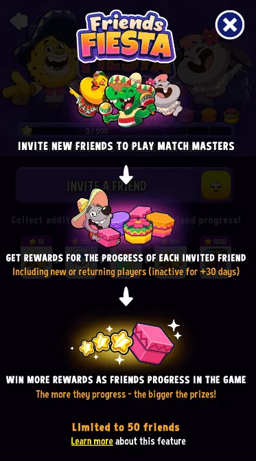 Match Masters Invite Friends: Friends Fiesta Rewards Guide 2 Match Masters Friends Fiesta info screen: invite new friends, get rewards for each friend's progress, limited to 50 friends