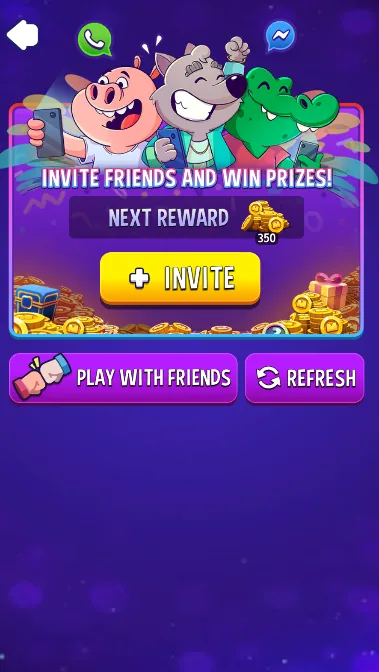 Match Masters Invite Friends: Friends Fiesta Rewards Guide 5 Match Masters Friends screen with the + INVITE button, next reward of 350 coins, and Play With Friends and Refresh buttons