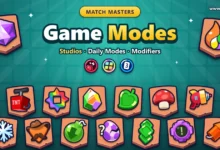 Match Masters Game Modes guide cover with in-game mode badges such as Gem Grab, Hot Color, Jungle Jam and Multiplier Mushrooms, plus Red Alert, Square Match and Sprint modifier icons
