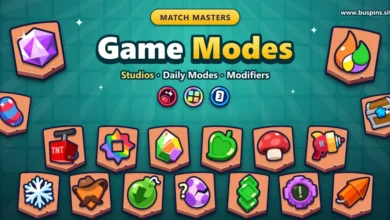 Match Masters Game Modes guide cover with in-game mode badges such as Gem Grab, Hot Color, Jungle Jam and Multiplier Mushrooms, plus Red Alert, Square Match and Sprint modifier icons