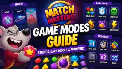 Match Masters Game Modes Guide banner featuring Trophy Road studios, daily modes, active modifiers, and game board.