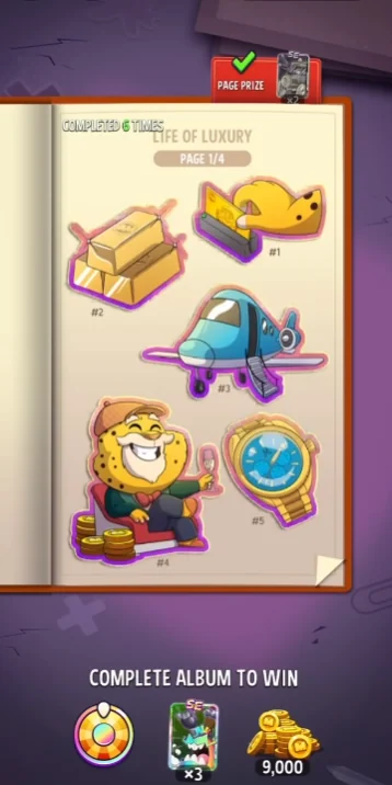 Match Masters Premium Pass: How It Works and Benefits 5 Match Masters Life of Luxury album page 1 of 4 with the album completion reward: Super Spin, 3 SE boosters, and 9,000 coins