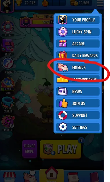 Match Masters Invite Friends: Friends Fiesta Rewards Guide 4 Match Masters menu opened from the top-right icon on the Home screen, with the FRIENDS option highlighted