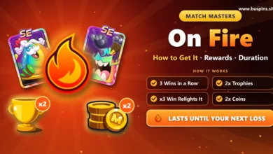 Match Masters On Fire cover: flame icon with two SE booster cards, trophy and coins marked x2, and the text How to Get It, Rewards, Duration