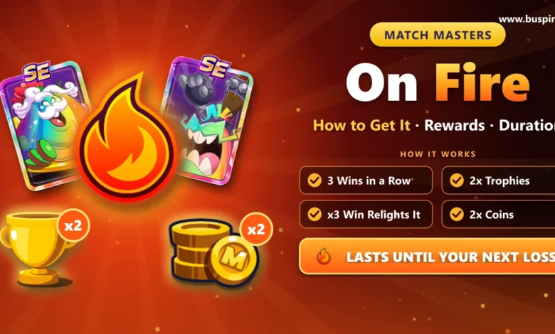 Match Masters On Fire: How to Get It, Rewards & Duration 1 Match Masters On Fire cover: flame icon with two SE booster cards, trophy and coins marked x2, and the text How to Get It, Rewards, Duration
