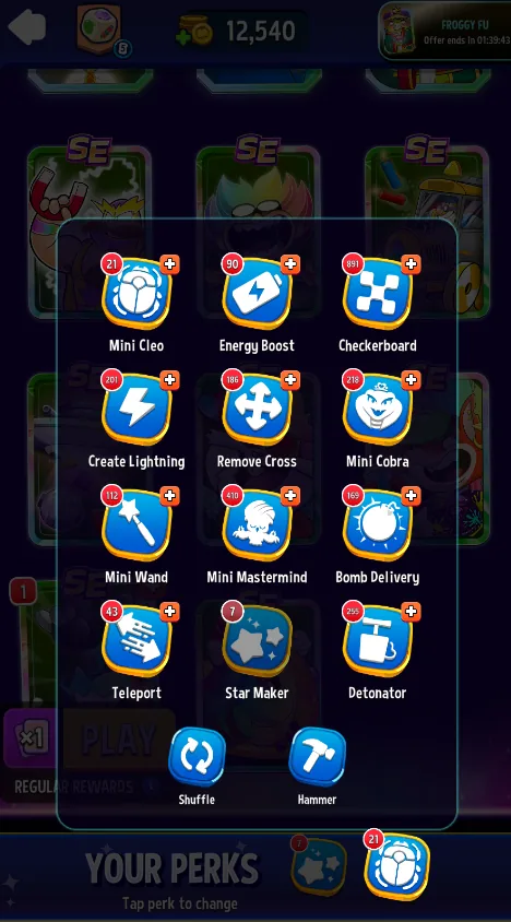 Match Masters perk menu with all 14 perks and the YOUR PERKS bar showing Star Maker and Mini Cleo