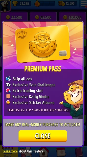 Match Masters Premium Pass: How It Works and Benefits 3 Match Masters Premium Pass info screen: Skip all ads, Exclusive Solo Challenges, Extra trading slot, Exclusive Daily Modes, Exclusive Sticker Albums