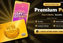 Match Masters Premium Pass cover with the gold Premium Pass card, the Life of Luxury album, and benefits: No Ads, Extra Trading Slot, Exclusive Modes, 7 days after every purchase