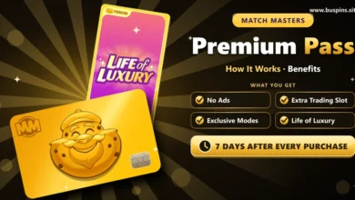 Match Masters Premium Pass cover with the gold Premium Pass card, the Life of Luxury album, and benefits: No Ads, Extra Trading Slot, Exclusive Modes, 7 days after every purchase