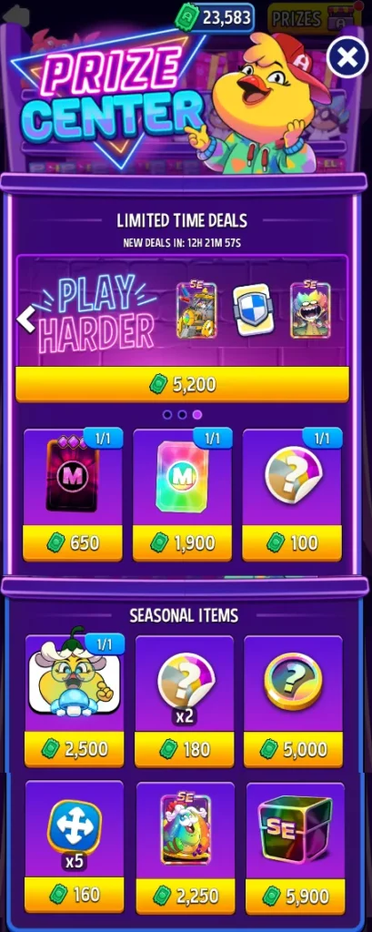 Match Masters Arcade Guide: Tokens, Credits & Prize Center 2 Match Masters Prize Center screen with Limited Time Deals and Seasonal Items such as stickers, a Sticker Token, a Perk and an SE Booster priced in Credits