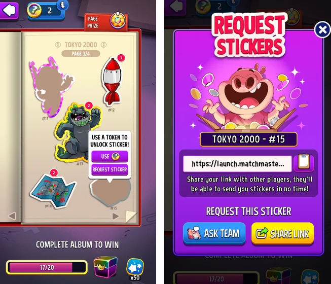 Match Masters missing sticker pop-up with USE and REQUEST STICKER, and the Request Stickers window with ASK TEAM and SHARE LINK buttons