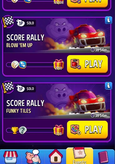 Match Masters Events tab showing Score Rally Solo events paired with the Blow 'Em Up and Funky Tiles game modes