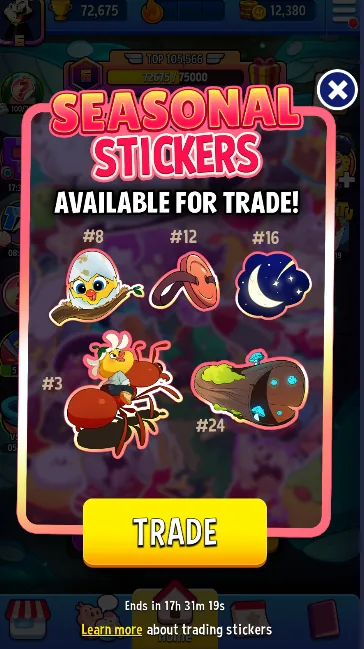 Match Masters Stickers: How to Get, Trade & Complete Albums 10 Match Masters SEASONAL STICKERS AVAILABLE FOR TRADE pop-up listing the tradable Seasonal stickers by number with a TRADE button and an Ends in countdown