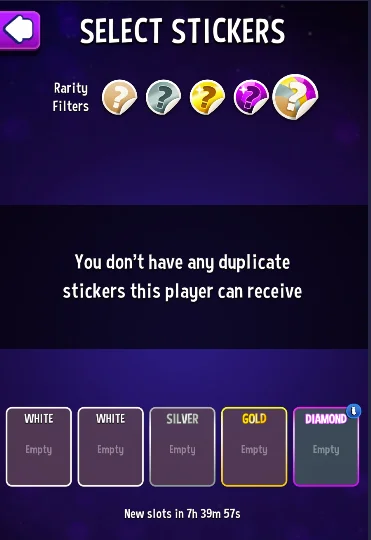 Match Masters Stickers: How to Get, Trade & Complete Albums 9 Match Masters SELECT STICKERS screen with Rarity Filters, sticker sending slots and the New slots in countdown