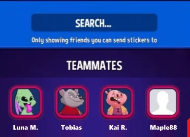 Match Masters Send Stickers SELECT A FRIEND screen: Only showing friends you can send stickers to, with the TEAMMATES list