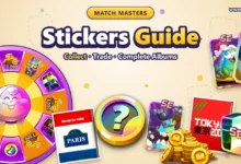 Match Masters Stickers Guide cover with the Super Spin wheel, a Sticker Token, SE and Legendary booster cards, an SE box, coins and in-game album covers