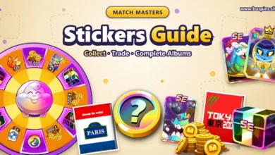 Match Masters Stickers Guide cover with the Super Spin wheel, a Sticker Token, SE and Legendary booster cards, an SE box, coins and in-game album covers