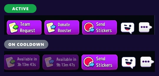 Match Masters team chat buttons: Team Request, Donate Booster and Send Stickers active, and Team Request and Donate Booster on cooldown with Available in timers
