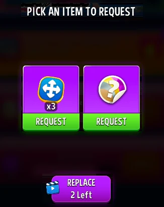Match Masters PICK AN ITEM TO REQUEST screen with two items, a REQUEST button under each, and a REPLACE button with 2 replacements left
