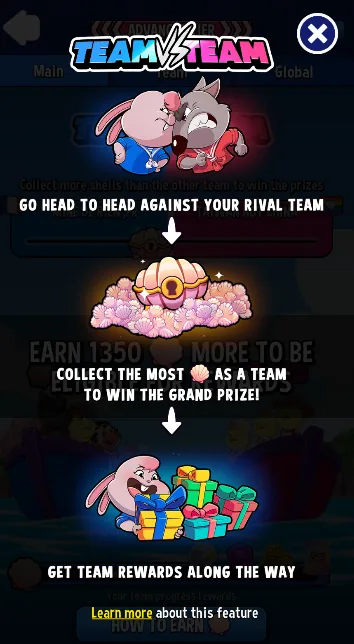 Match Masters Team vs Team info screen: go head to head against your rival team, collect the most shells as a team to win the Grand Prize, get team rewards along the way