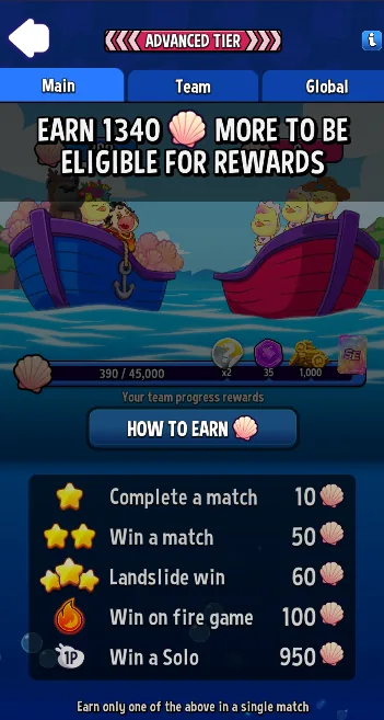 Match Masters Team vs Team How to Earn shells: complete a match 10, win a match 50, landslide win 60, win on fire game 100, win a Solo 950