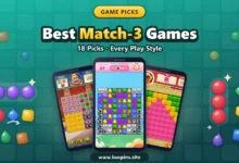 Best Match-3 Games cover: three phones showing Royal Match, Candy Crush Saga and Toon Blast boards, with colorful match-3 pieces on a teal background