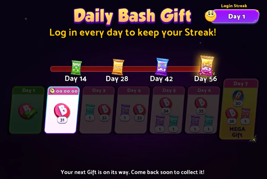 Bingo Bash Free Chips: Today's Freebies & Gift Links 3 Bingo Bash Daily Bash Gift screen with seven daily gifts, the Day 7 Mega Gift and the Day 14 to Day 56 milestone packs