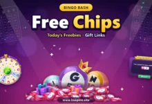 Bingo Bash Free Chips: Today's Freebies & Gift Links 6 Bingo Bash free chips cover with a pile of pink Bingo Bash chips, crowned bingo balls, the Daily Wheel and a Congratulations pop-up