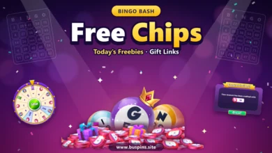 Bingo Bash free chips cover with a pile of pink Bingo Bash chips, crowned bingo balls, the Daily Wheel and a Congratulations pop-up