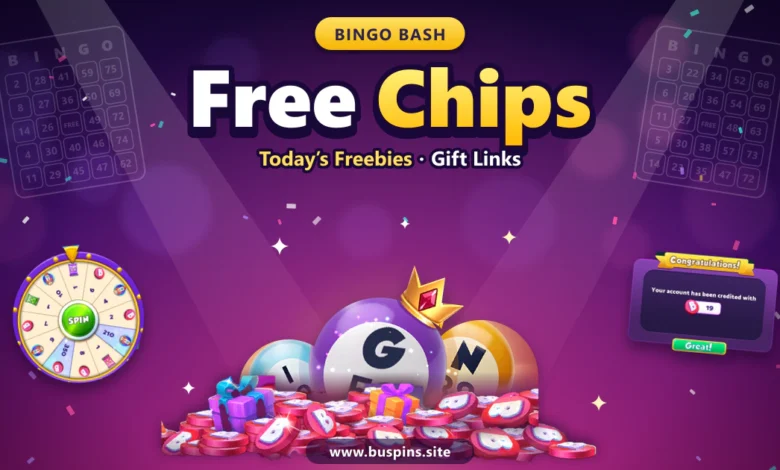 Bingo Bash Free Chips: Today's Freebies & Gift Links 1 Bingo Bash free chips cover with a pile of pink Bingo Bash chips, crowned bingo balls, the Daily Wheel and a Congratulations pop-up
