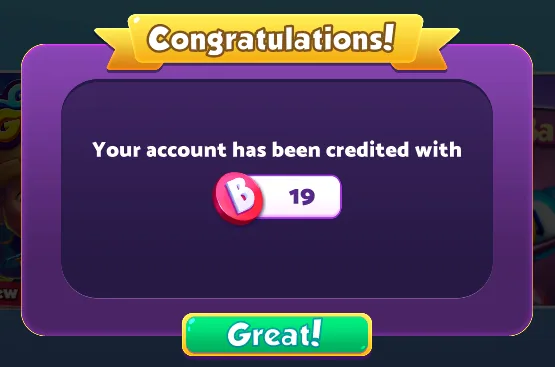Bingo Bash Free Chips: Today's Freebies & Gift Links 2 Bingo Bash Congratulations pop-up saying your account has been credited with 19 chips