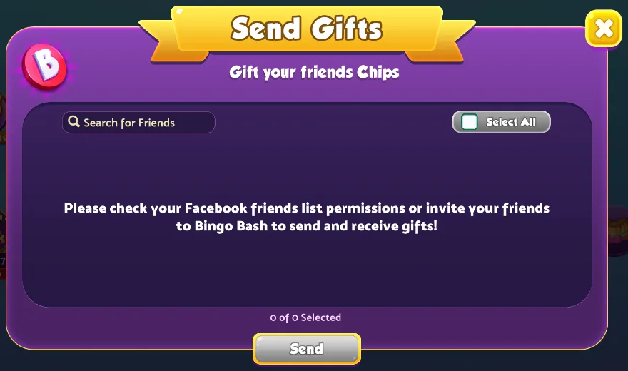 Bingo Bash Free Chips: Today's Freebies & Gift Links 6 Bingo Bash Send Gifts screen asking you to check your Facebook friends list permissions