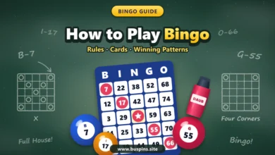 How to play bingo cover with a 75-ball bingo card marked on the diagonal, bingo balls, a dauber and chalk-drawn bingo patterns on a chalkboard